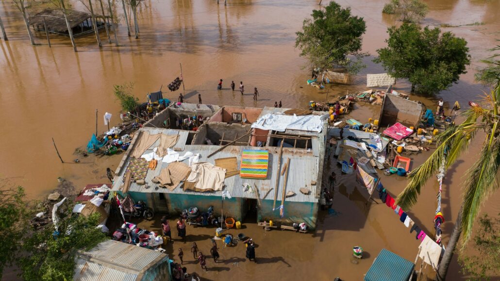 Aerial of the poor population of Africa living in old buildings during the flood