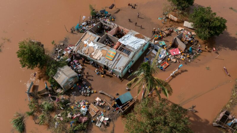 Aerial of the poor population of Africa living in old buildings during the flood