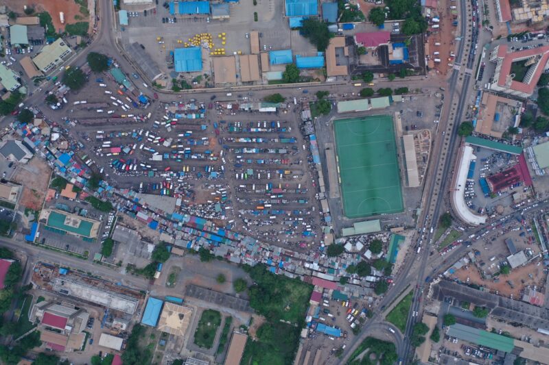 Aerial shot of the city of Accra's bus station in Ghana