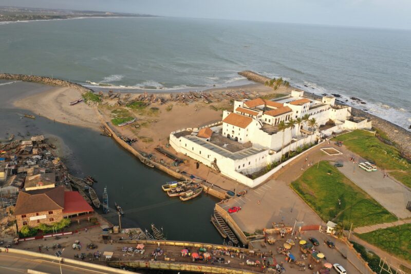 Aerial shot of the Elimina castle in Ghana during the day