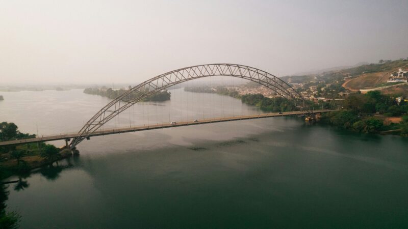 Aerial view of Adomi Bridge. Volta River, Atimpoku, Ghana, West Africa.
