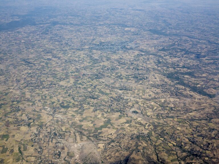 Aerial view of endless patchwork of farms in Ethiopia.