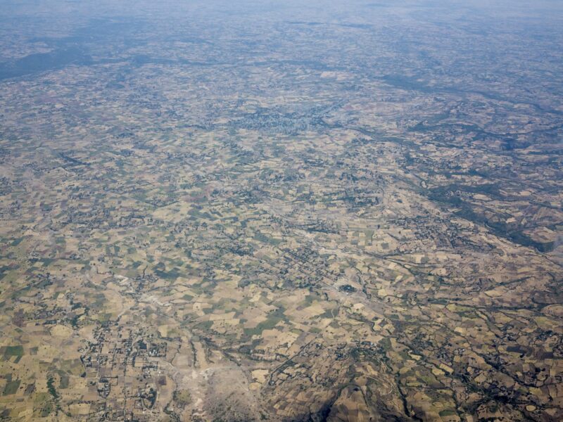 Aerial view of endless patchwork of farms in Ethiopia.