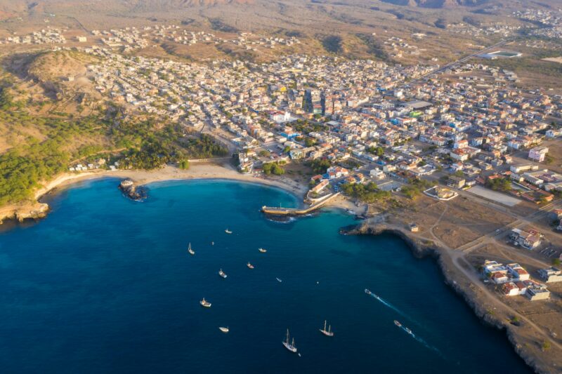 Aerial view of Tarrafal beach in Santiago island in Cape Verde -