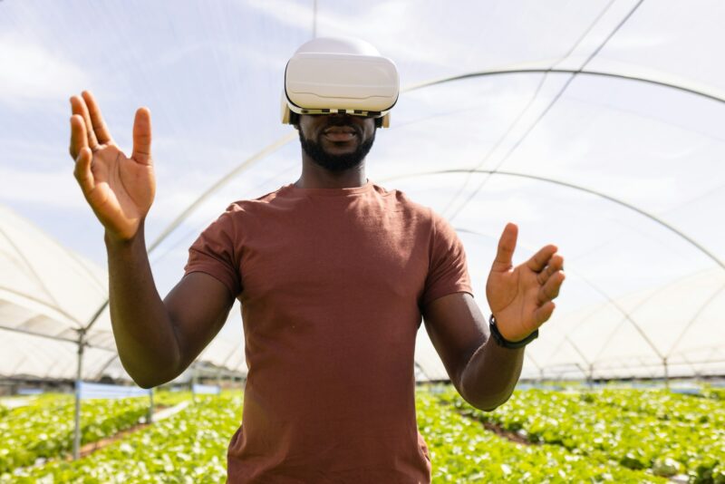 African American young male farm supervisor in VR headset, stands in greenhouse hydroponic field