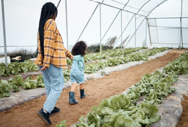 Agriculture, farm and mother with girl in greenhouse for gardening, farming and harvest vegetables.