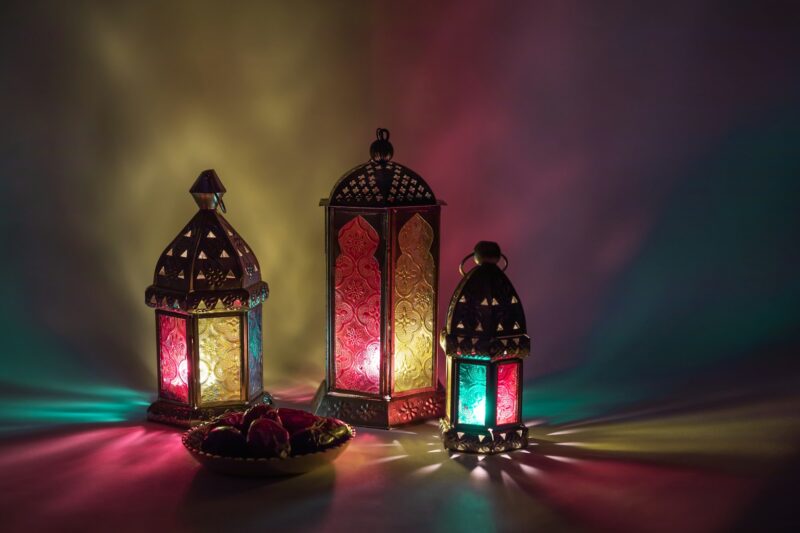 Arabic lantern with candle at night for Islamic holiday. Muslim holy month Ramadan.