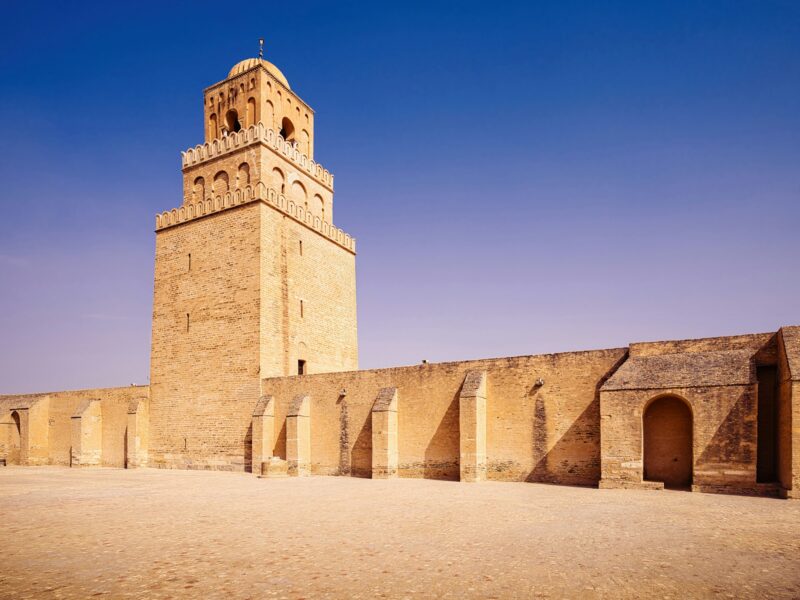 Back wall and tower of the oldest mosque in North Africa, Kairouan, Tunisia