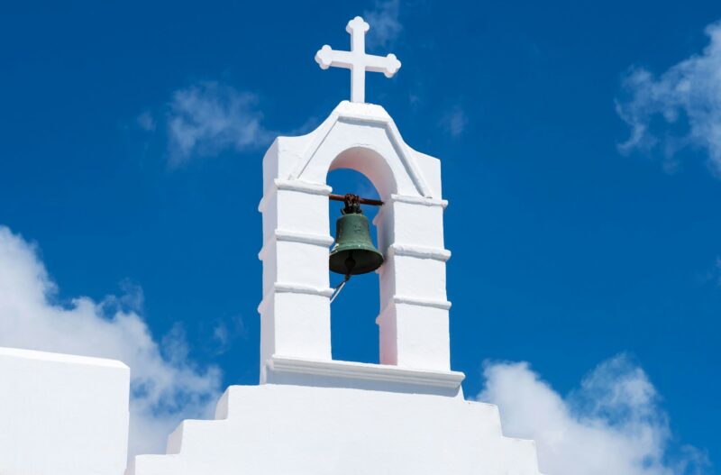 Bell on white Christian church