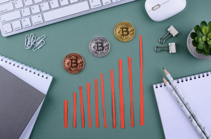 Bitcoin coins. Cryptocurrency growth and fall schedule