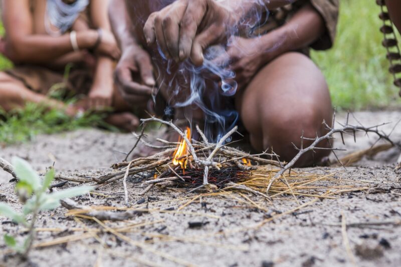 close up of Bushman creating fire,Botswana