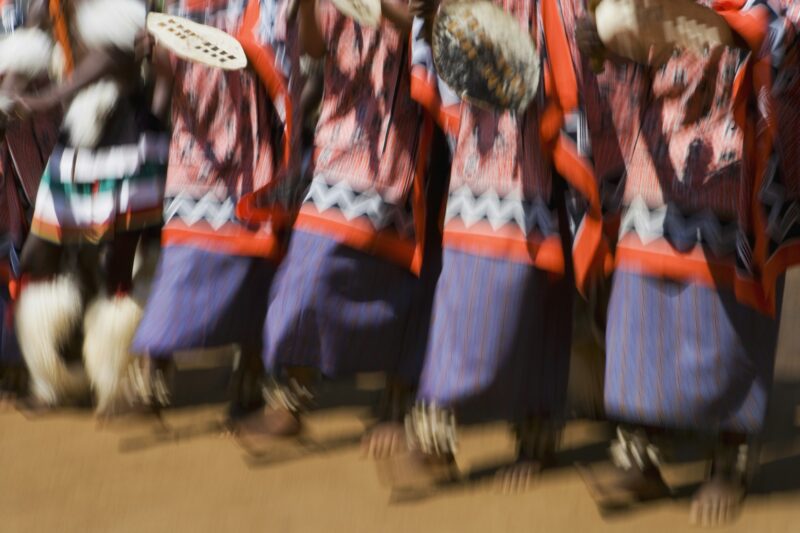 Close up of dancers wearing traditional dress, Kingdom of Eswatini, Southern Africa.