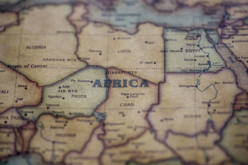 Closeup shot of Africa continent on a vintage map