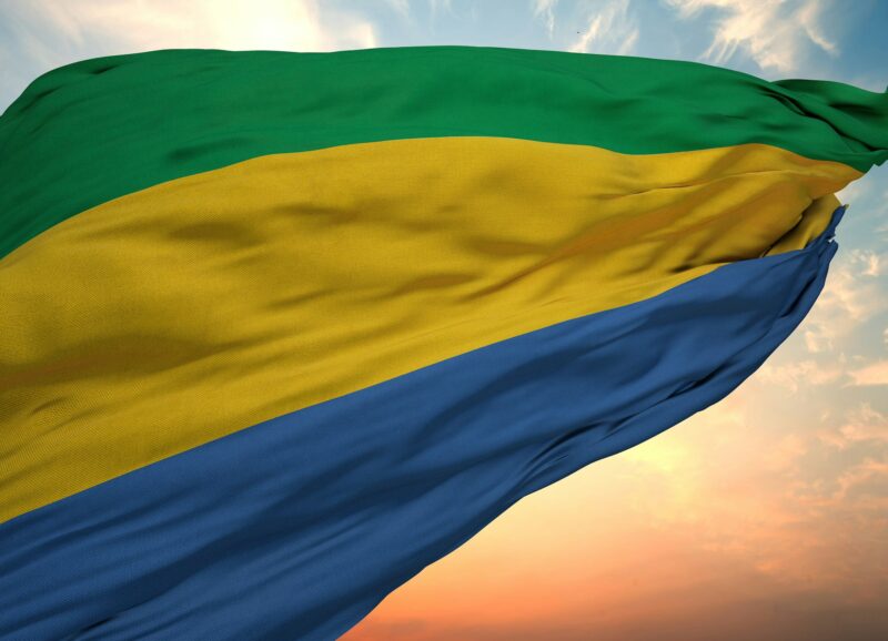 Closeup view of the waving flag of the Gabon on a background of sunset