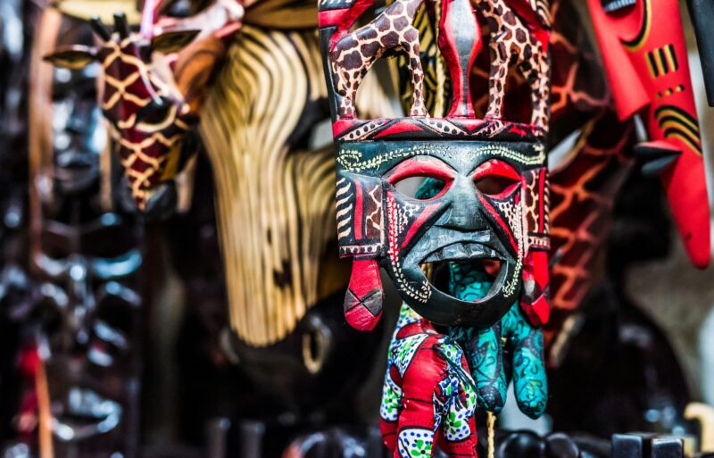 colorful tribal mask on african market