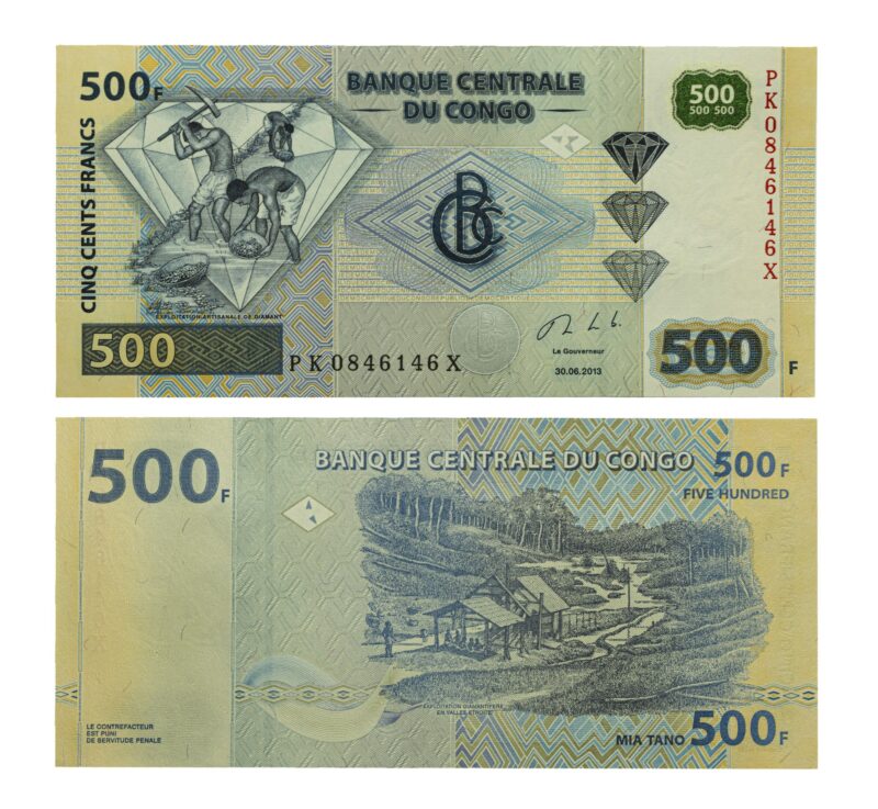 Congo franc banknotes flat lay, money of Democratic Republic of the Congo
