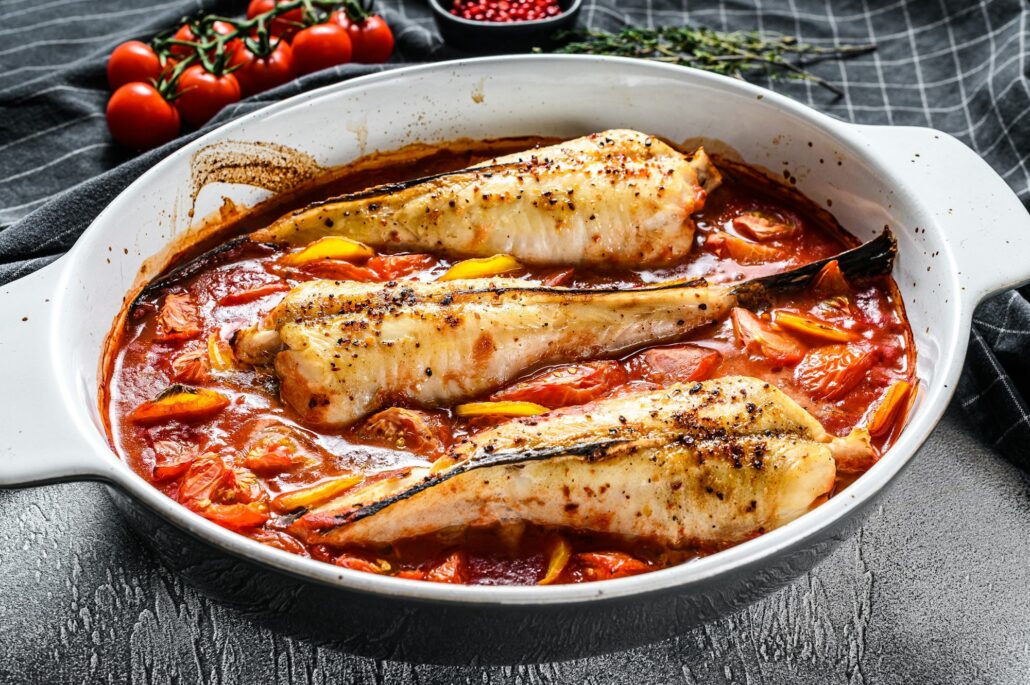 Cooking in tomatoes monkfish fish in a baking dish. Fresh seafood. Gray background. Top view