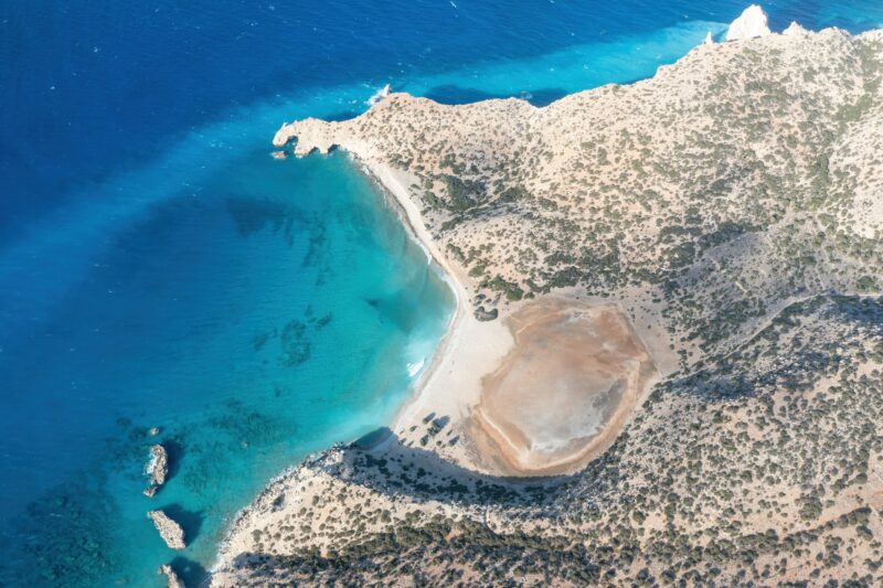 Crete, Cape Tripiti at Gavdos southernmost Greek island. Aerial drone view of beach at Libyan sea.