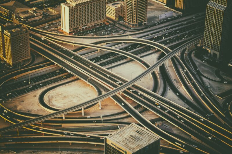 Cross roads in Dubai, UAE. Modern urban infrastructure.