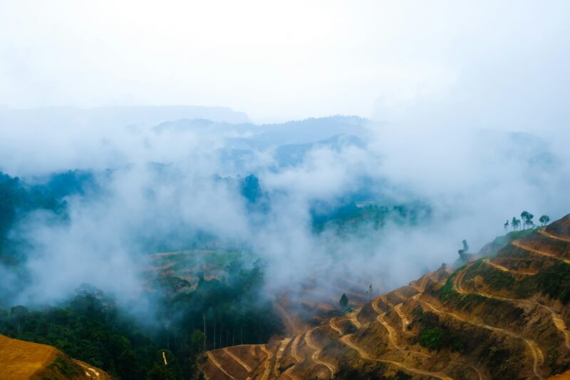 Deforestation land at mountain area with low clouds after rain in Gua Musang, Kelantan, Malaysia