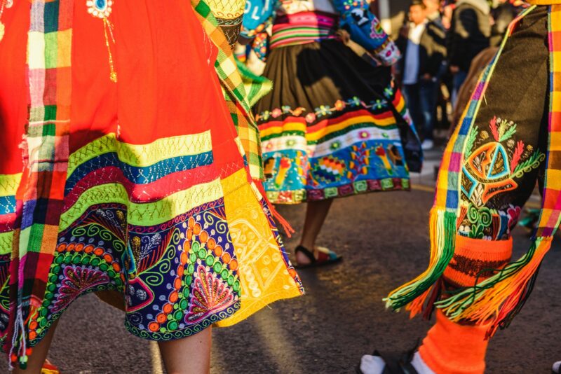 Detail of the colorful traditional Bolivian party outfit during a carnival