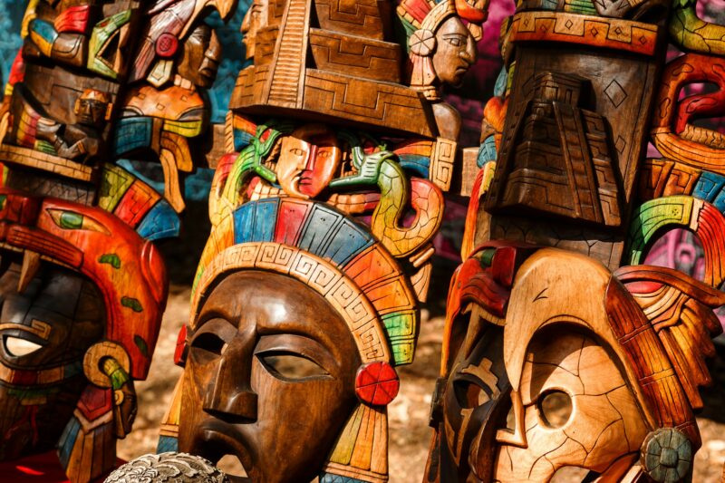 Different wooden souvenirs at the local Mexican market