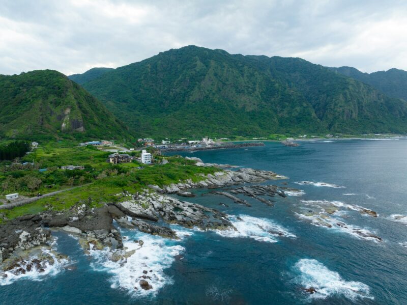 Drone fly over Taiwan Hualien Fengbin Township, Shitiping Coastal Stone Step Plain