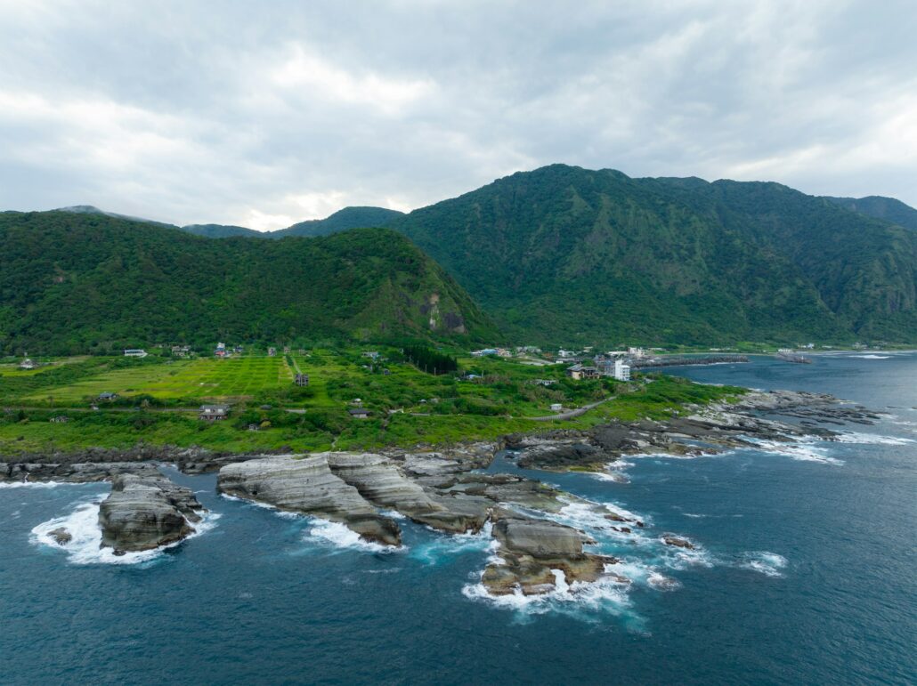 Drone fly over Taiwan Hualien rice field, Shitiping Coastal Stone Step Plain