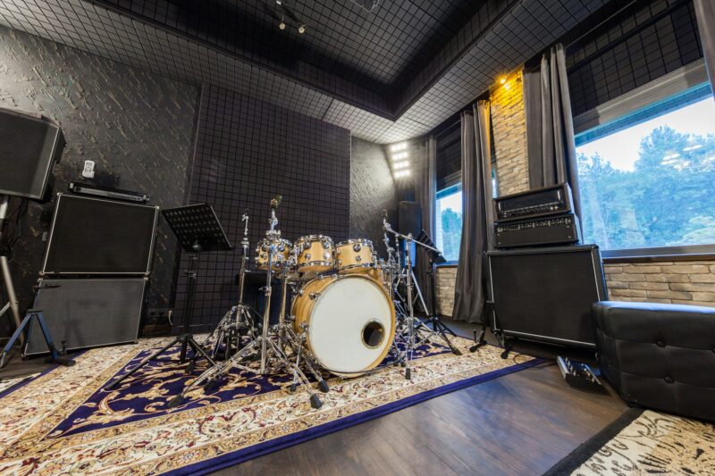 drum set in a professional studio to record sound