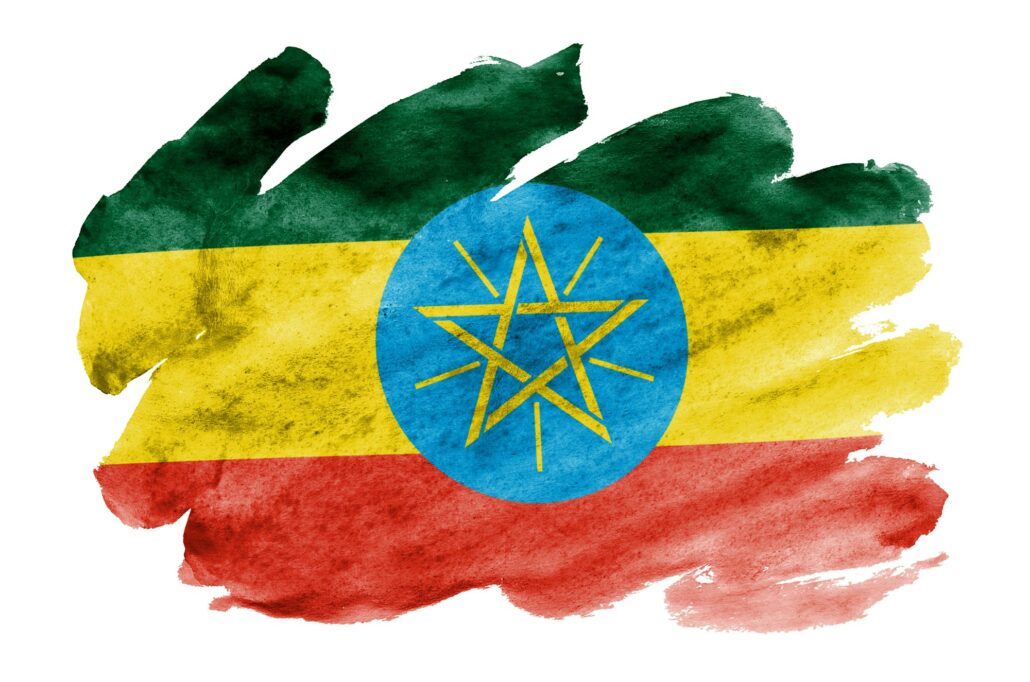 Ethiopia flag is depicted in liquid watercolor style isolated on white background