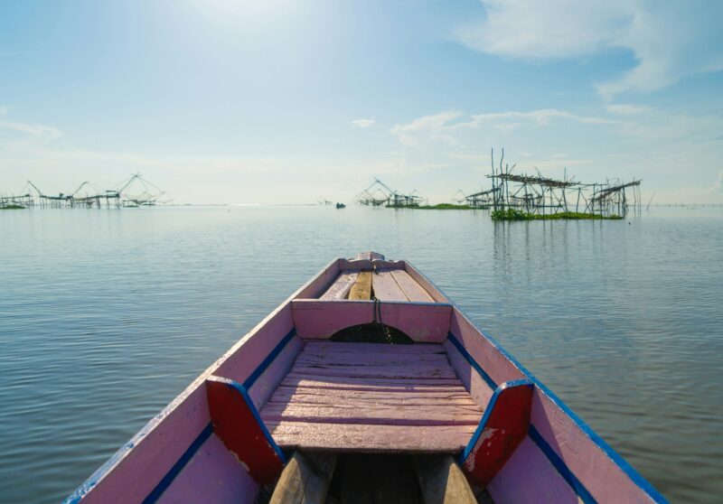 Fishing trap net in canal,lake or river. Nature landscape fisheries and fishing. Aquaculture farming