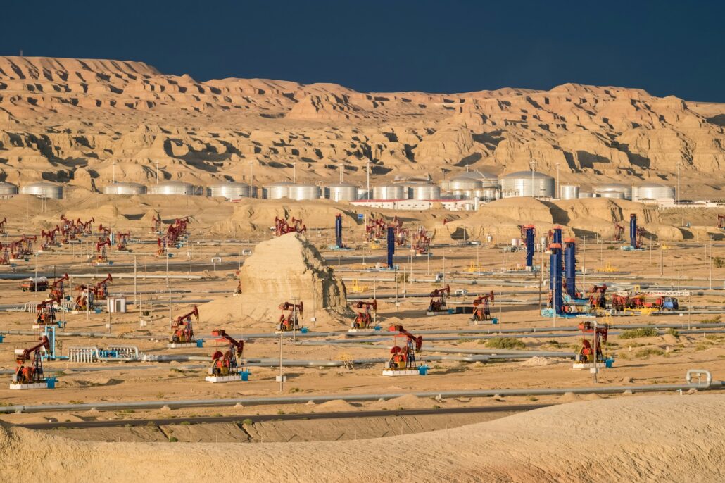 gobi oil field at dusk, xinjiang, China