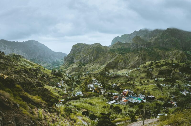 Gorgeous panorama view of a fertile Paul valley. Agriculture terraces of sugarcane in vertical