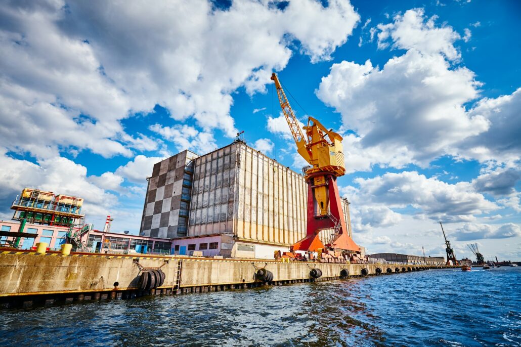 Harbor infrastructure seen from water.