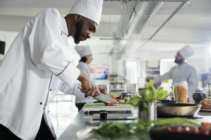 Head chef in restaurant professional kitchen preparing delicious meal