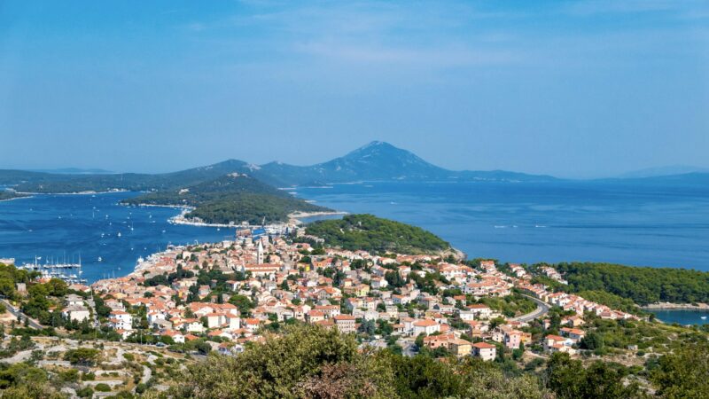 High angle panoramic view of idyllic town on island of Mali Losinj in Croatia.