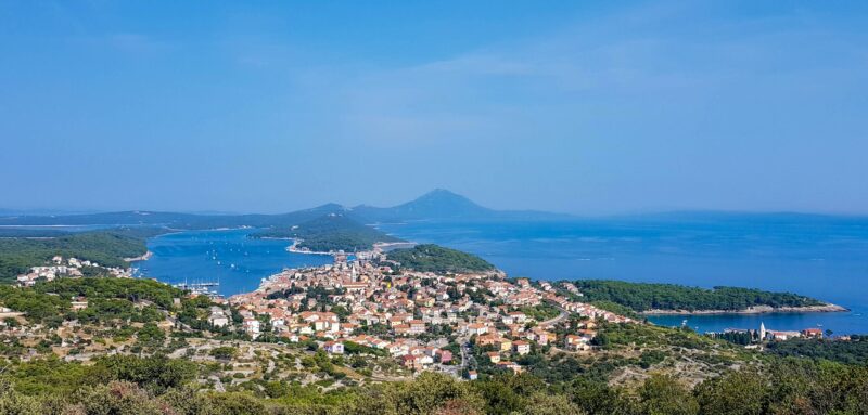 High angle panoramic view of idyllic town on island of Mali Losinj in Croatia.