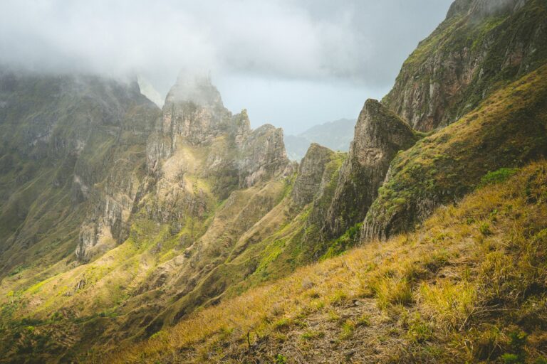 Impressive rugged mountain range overgrown with verdant grass. Xo-Xo Valley. Santo Antao Island