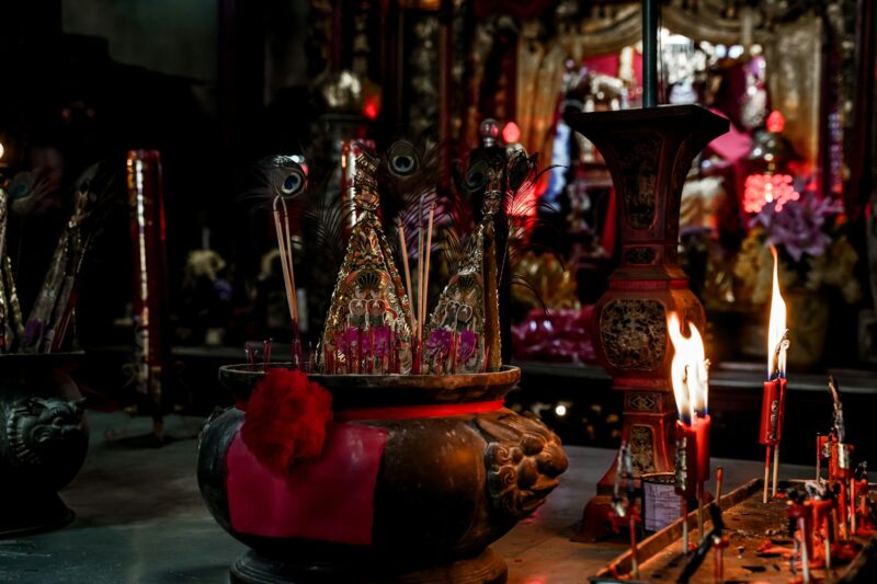 Incense sticks in old chinese temple. Asian traditional culture in shrine