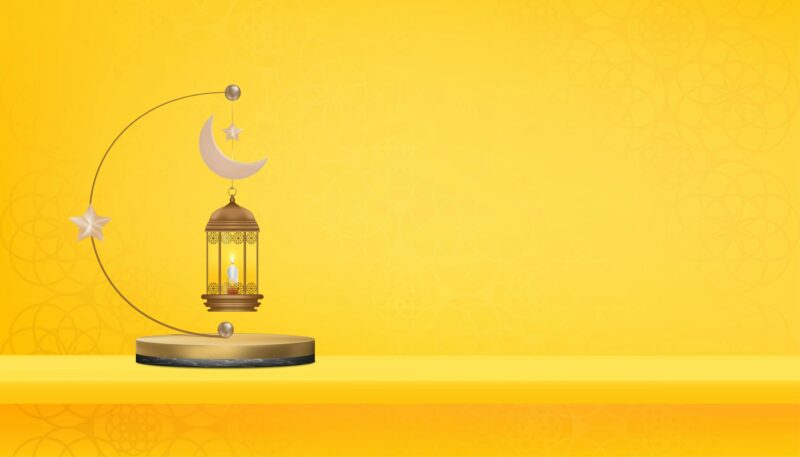Islamic 3d Podium with Traditional islamic lantern,Crescent moon and star on yellow background