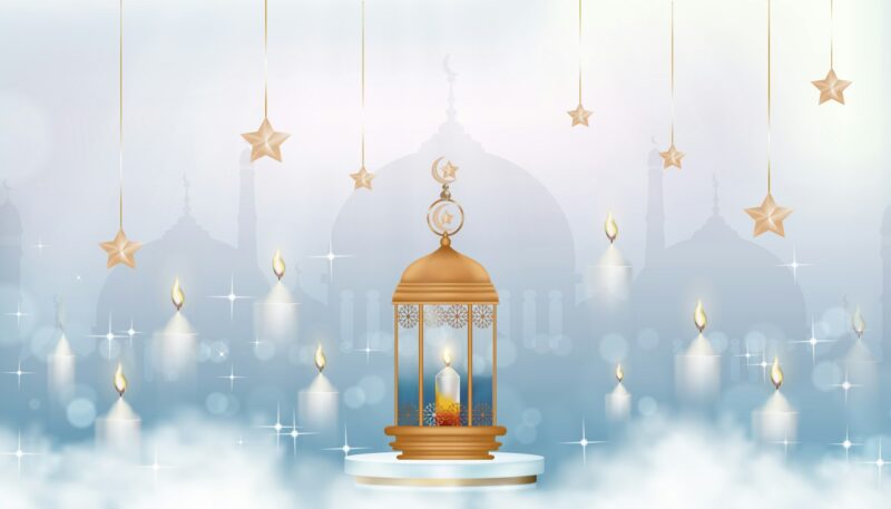 Islamic greeting card design with Traditional Islamic lantern,Candle,Crescent moon and Star