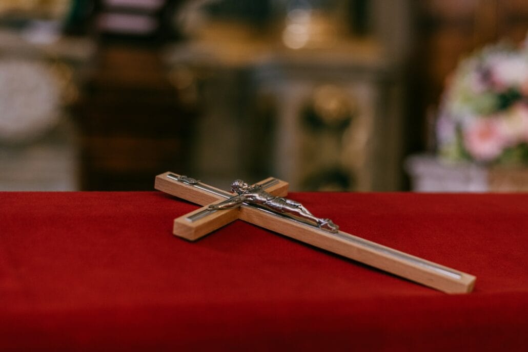Jesus on a Cross. Decoration inside a Christian church. God, belief, religion, Christianity.