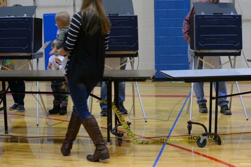 People waiting in line to vote in voting booths during an election.