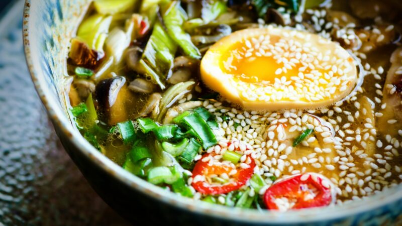 Ramen Soup in Bowl. Rich flavour chicken broth with Miso paste, grilled teriyaki chicken, leeks