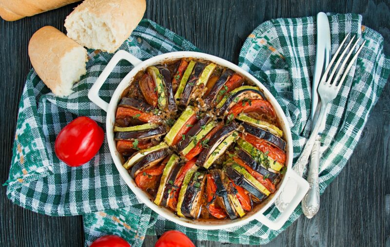 Ratatouille is a traditional French vegetable dish cooked in the oven. Diet vegetarian dish.