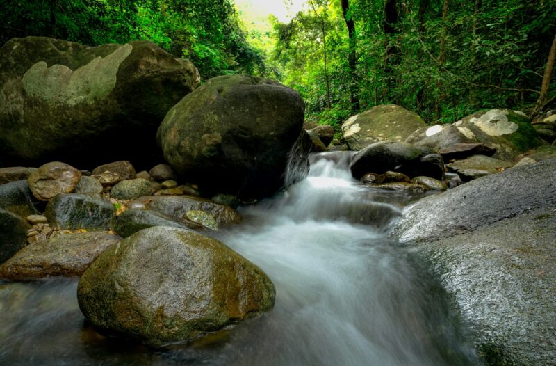 Rock or stone at waterfall. Beautiful waterfall in jungle. Waterfall in tropical forest with green