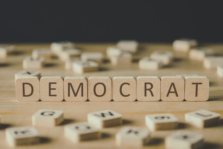 selective focus of word democrat made of cubes surrounded by blocks with letters on wooden surface