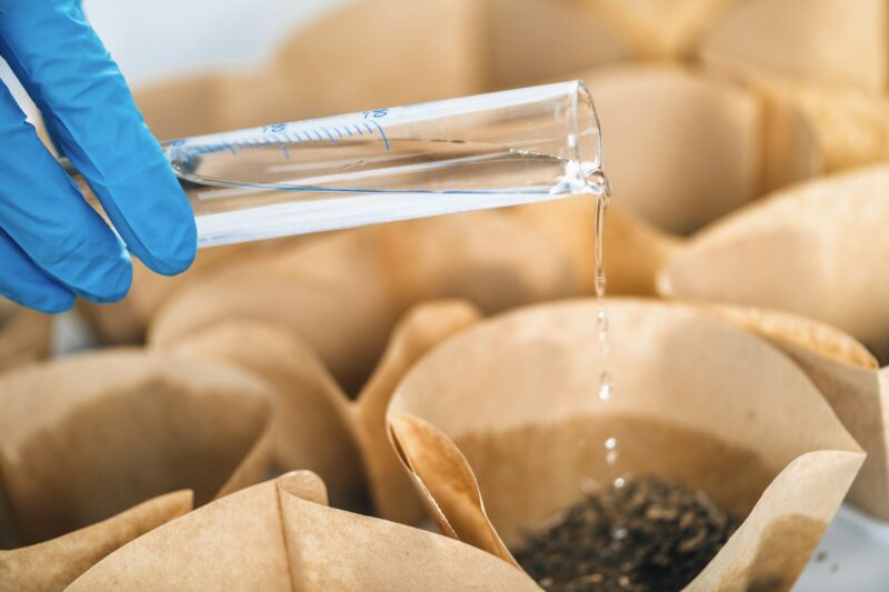 Soil Testing. Biologist Pouring Water Into Containers With Soil