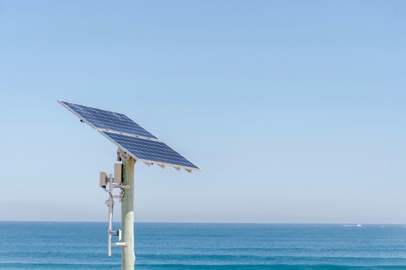 Solar panel near the ocean. Solar energy production. Renewable energy. Alternative energy