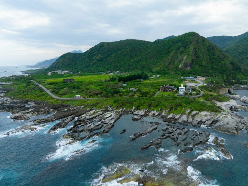 Taiwan Hualien rice field over the sea in Fengbin Township, Shitiping Coastal Stone Step Plain